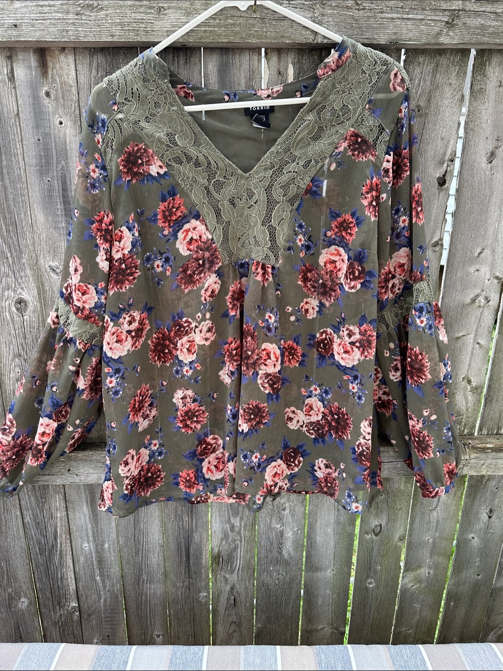 torrid Olive Floral Lace V-Neck Blouse with Pink and Blue Flowers